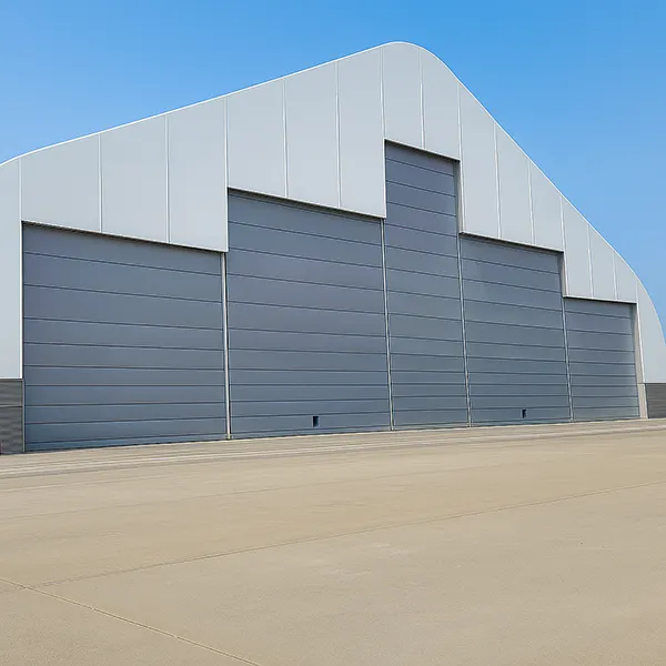 fabric mega door, sliding hangar door, L-shaped sliding hangar door, vertical bifold up hangar door